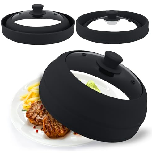 Microwave Splatter Cover Glass,10.5 Inch Collapsible Microwave Cover for Food Glass, Silicone Vented Splatter Guard Lid, Silicone Dish Plate Cover, Dishwasher Safe, Heat Resistant, BPA-Free, Black