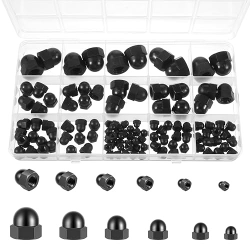110 Pcs Bolt Caps Nylon Hex Acorn Cap Nuts Assortment Kit M3 M4 M5 M6 M8 M10 Bolt Cover Caps Black Screw Covers for Indoor Outdoor Protection