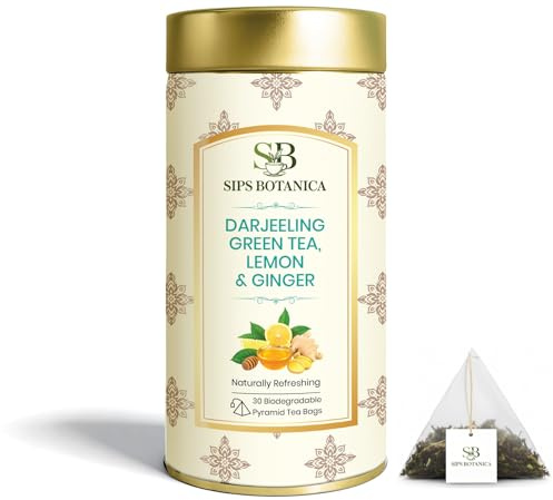 SIPS BOTANICA Darjeeling Green Tea with Lemon, Ginger and Honey | 30 Teabags | Premium Quality Full Leaf Green Tea | Plant-Based, Compostable & Biodegradable Pyramid Tea Bags