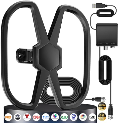 TV Antenna Outdoor - Support 2 TVS, 4000+ Miles Long Range Digital Antennas Smart TV Indoor, Best Antennas 360° Reception Local Channels,Strongest HDTV Signal Amplifier-Support 8K 4K 1080p-38FT Cable