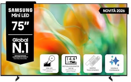Samsung Smart TV 75 UE75M80HAUXZT Mini LED 4K, HDR 10+, Motion Xcelerator 144Hz, Adpative Sound+, AI Football Mode, Voice Control with AI(VAC), Alexa Built-in, PACCHETTO INTRATTENIMENTO, 2026
