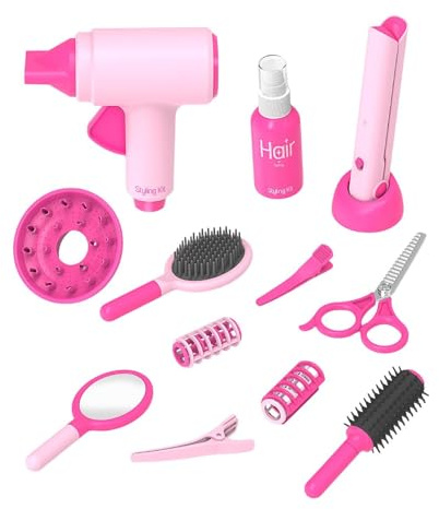 Juego de peluquería para niñas - Juego de rol de 14 piezas realistas - Juego de peluquería - Para niños para peinar el cabello y jugar a la peluquería en casa, al aire libre, de viaje y en