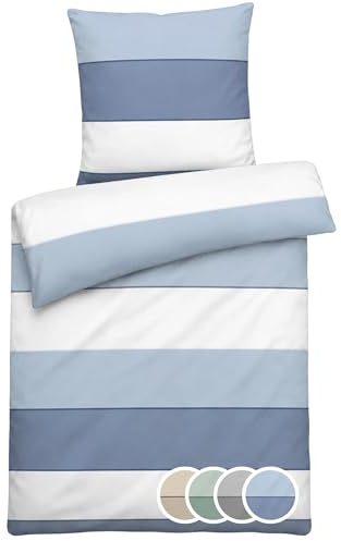 Carpe Sonno Mako Satin Bettwäsche 135 x 200 [ 100% Baumwolle ] Satin Bettwäsche 135x200 Baumwolle | Baumwollsatin Bettbezug 135 x 200 mit Reißverschluss und Kissenbezug 80x80 - Blau gestreift