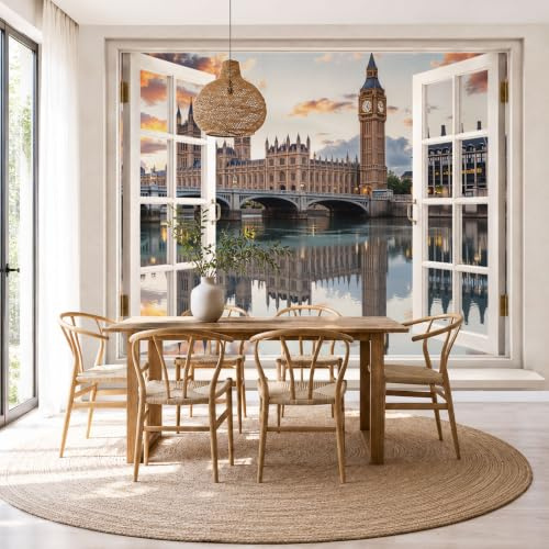 Mural De Pared Beige Paisaje Ribereño De Londres, Papel Pintado Fotográfico Tejido No Tejido Arquitectura Retro, 200X140Cm, Fotomurales Moderna Decorativo Para Sala De Estar, Dormitorio