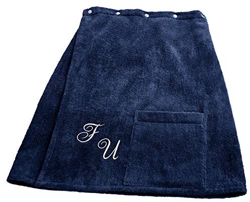 Lashuma Framsohn Saunatuch Fun Saunakilt für die Herren, Farbe Jeans Blau, Bestickt mit Ihrem Wunsch Monogramm Weiß