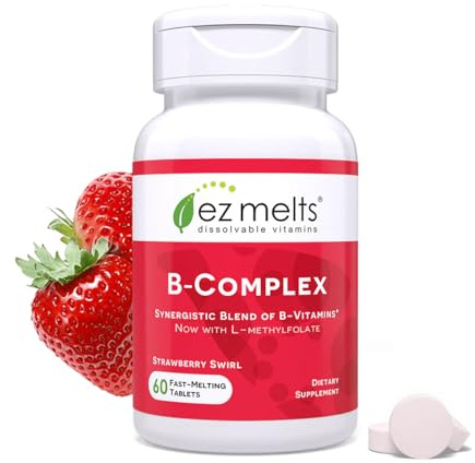 EZ Melts Dissolvable B-Complex - Vitamin B Complex - Provides Energy Metabolism & Heart Health Support - with Methylated B12 & Folate - Non-GMO & Vegan - Strawberry Swirl - 60 Tablets (60 Servings)