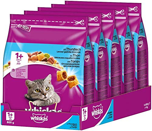 Whiskas 1+ Katzentrockenfutter – Knabberstückchen mit Thunfisch – Hochwertiges Trockenfutter für ausgewachsene Katzen ab 1 Jahr – Katzenfutter – Beutel (5 x 800g)