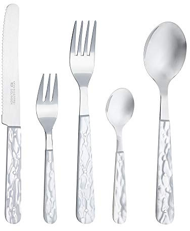 RÖR Besteck Set 5-teilig Perlmutt-Imitation - je 1 Messer, Gabel, Löffel, Kuchengabel, Kaffeelöffel - rostfrei - Made in Germany/Solingen