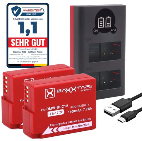 Baxxtar Pro 2X DMW-BLC12 Akku 1100mAh + LCD-Dual-Ladegerät USB-C – für Panasonic Lumix FZ1000 II FZ2000 FZ300 G70 G81 G91 GX8, Leica Q (Typ 116) V-Lux, Sigma FP – Set für Lange Fototage