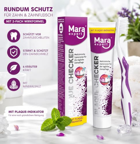 Mara Expert PLAQUE CHECKER medizinische Zahncreme mit PLAQUE ANFÄRBUNG | Lila Zahnpasta mit Whitening, Fluorid, Vitamin Komplex, Kariesschutz & extra Frische | ohne Natriumlaurylsulfat | Vegan