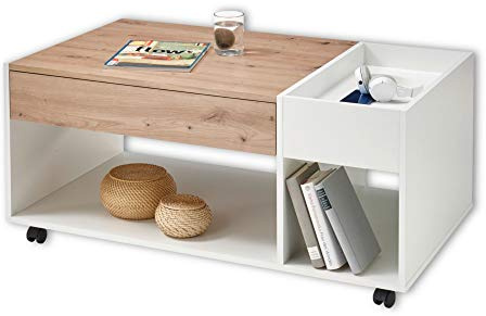 EMIL Couchtisch auf Rollen Artisan Eiche Weiß 110 x 44 x 60 cm (B/H/T) | Mobiler Sofatisch mit Ablagefach und Schublade, praktischer Beistelltisch für Wohnzimmer, Tisch auf Rollen