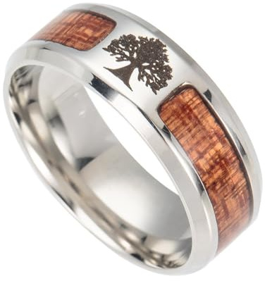 DFWY Herren Edelstahl Wikinger Baum Des Lebens Ring, Nordischer Yggdrasil Und Holz Inlay Ehering, Handgefertigter Polierter Vintage Punk Gothic Style Siegelring Schmuck