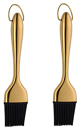 BISDARUN Pastry Brushes Silicone Barbecue Basting Brushes for Cooking Baking 2 Pieces Oil Brushes Stainless Steel Detachable Gold Handle Length 20 CM/ 7.87 Inches