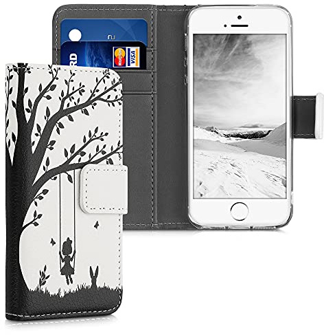 kwmobile Coque Portefeuille Compatible avec Apple iPhone SE (1.Gen 2016) / iPhone 5 / iPhone 5S Coque - Étui à Rabat Tissu Similicuir Compartiment Cartes - Noir-Blanc