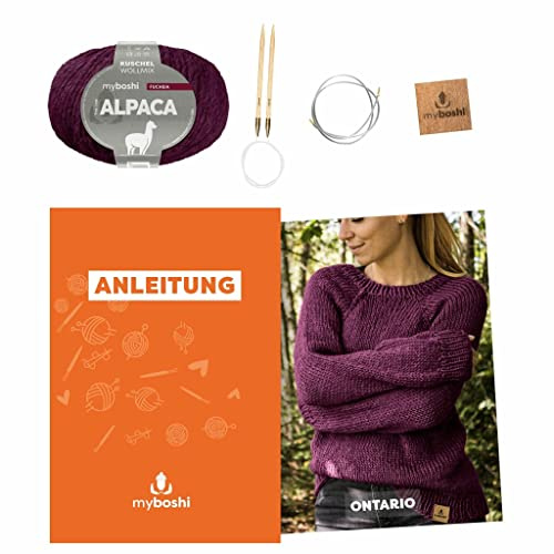 myboshi Strickset Raglanpullover Ontario, Strickset für Anfänger, inkl. Alpaca Wolle, Nadel und Anleitung, Label, Strickpaket, 10% Alpaka, 25% Schurwolle Lila, mit Rundstricknadel