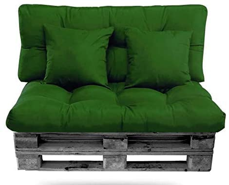 Genérico Conjunto de Cojines para Palet (1 Asiento + 1 Respaldo + 2 Cojines Decorativos). Cojín de Palets y de sillones de 2 plazas. Ideal para Interior y Exterior (Verde)
