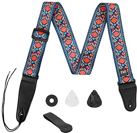 Gitarrengurt, Macause Bassgitarrengurt mit 4 Plektren, Gitarrengurtschlössern und Lederenden, Vintage-bestickter Akustikgitarrengurt, Blau, 29 × 6 2,5 cm (11,4 2,4 1 Zoll)