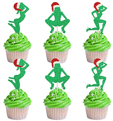 Blumomon 24 Stück Weihnachts-Cupcake-Topper, Glitzer, lustige Weihnachtsdekorationen für Junggesellinnenabschied, Weihnachten, Urlaub, Junggesellinnenabschied, Geburtstag, Kuchendekorationen, Zubehör
