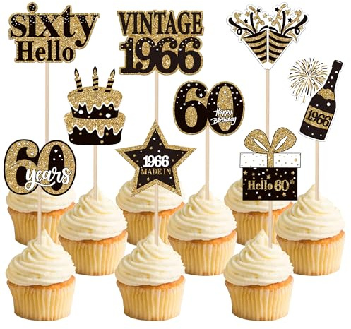 SYKYCTCY 36 Pack Happy 60th Birthday Cupcake Toppers Vintage 1966 Cheers to 60th Cupcake Picks Hello Sixty Birthday Cupcake Decorations for 60th Birthday Wedding Anniversary Party Supplies