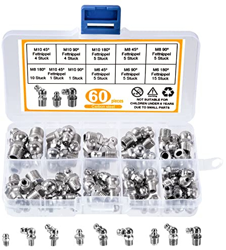 GUNGY Schmiernippel Sortiment Kit Kegelschmiernippel Fettnippel M6 M8 M10 Metrisch Abschmiernippel 45° 90° 180° mit Aufbewahrungsbox 60 Stück