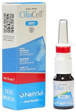 CiliaCell, Spray Nasale 15ml - Specifico per Sinusite e Rinosinusite con Efficacia dimostrata > 90% - Prodotto brevettato unico al mondo con Cucurbitacins B-D-I-E (Sinuclean)