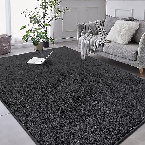 RTBQJ-AT Luxury Soft Fluffy Dark Grey Rug, 160x230 cm, Non-slip Washable, Extra Large for Living Room, Bedroom, Bathroom, Kitchen, Laundry