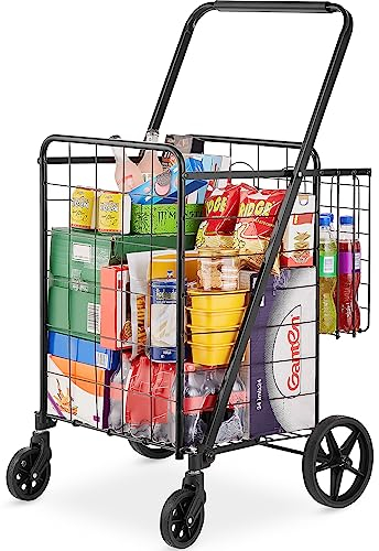 VEVOR Carro de Compra Plegable Carga de 50 kg con 4 Ruedas Más de 85 L Carro de Supermercado con 2 Cestas Carro de Compra de Hierro Carro Multiusos Resistente para Ir de Compras