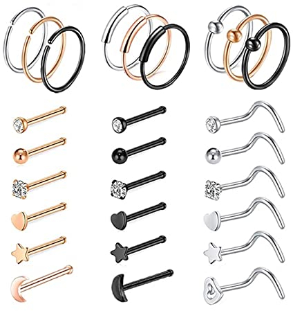 Epinki Schmuck 27pcs Nase Ringe, Tricolor Septum Ring Stud und Hoop Stern Mood aus Edelstahl, Lippen Ohr Nasen Piercingschmuck mit Zirkonia für Damen,