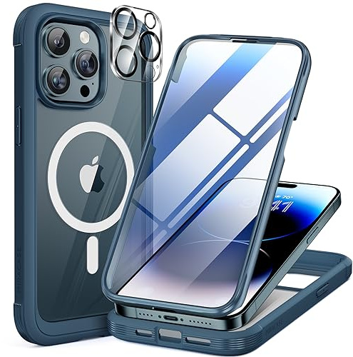 Miracase Magnetic for iPhone 15 Pro Max Case, Full Protection, Storm Blue | [Built-in 9H Tempered Glass Screen Protector + Camera Lens Protector] Compatible with MagSafe, Military Grade Drop Proof 6.7