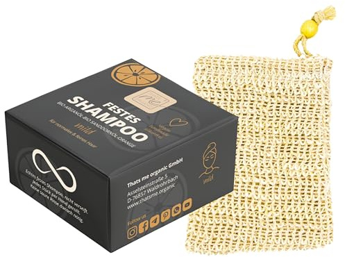 Thats me Organic Festes Shampoo „mild“ (Sparset mit Seifensäckchen) für normales & feines Haar – Handgemacht mit Orangen- & Lemongrass Duft – Ergiebiger Shampoo Bar ohne Schmierfilm
