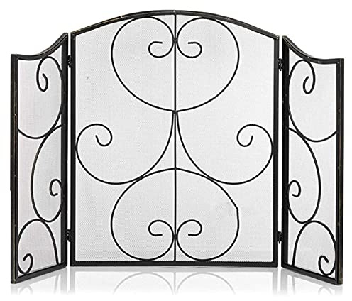Pantalla para Chimenea con Arco de 3 Paneles con Acabado Antiguo Envejecido, volutas de Hierro Forjado, para Fuego Abierto/Fuegos de Gas/Estufa de leña Present
