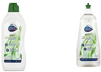 CARE + PROTECT ECO+ Pack de Limpieza Ecológico para Lavavajillas, Set de 2 Productos: Detergente Lavavajillas Hipoalergénico Gel Desengrasante y Aclarante, 650 ml + Abrillantador Extra No Halo, 500ml.