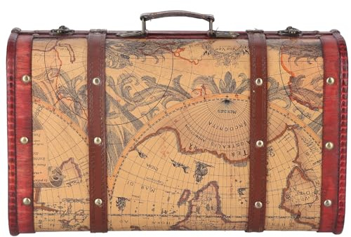 Leapiture Maleta Vintage Decorar Box Equipaje Retro baúl de Viaje clásico Cofre Almacenamiento Vintage portátil diseño Caja Madera patrón Mapa para escapadas Fin Semana Viajes Negocios