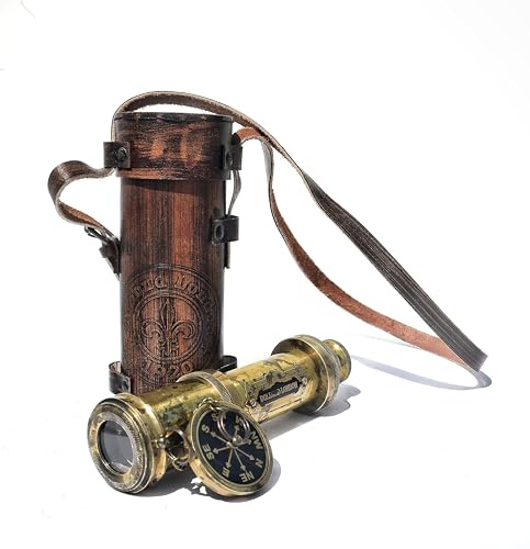 Vintage Brass Dolland London Militär-Teleskop mit Lederbox, Spyglass für Beobachten und Trekking Royal Navy Gerät (Militär-Finish)