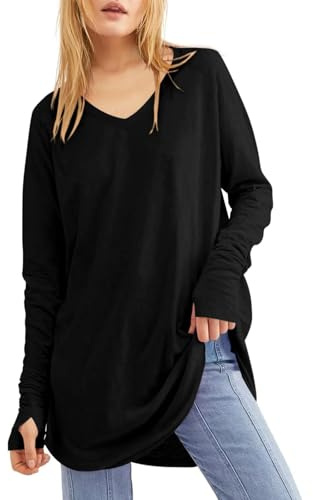 Ebifin Maglia da donna a maniche lunghe, scollo rotondo, ampia tunica con fori per i pollici, B-black, XXL