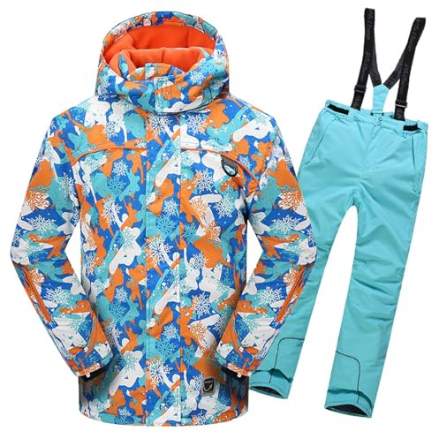 L SERVER Schneeanzug Kinder Jungen mit Kapuze Wind- und Wasserdichter Skianzug Mädchen Fleece Skianzug Zweiteilig Warme Skijacke + Skihose, Orange Jacke + himmelblaue Hose, 110