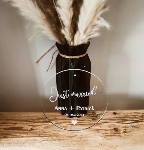 Just married Hochzeit | Schild aus Acryl | personalisiertes Türschild | Acrylglasscheibe | Türkranz | Rund | Geschenkidee