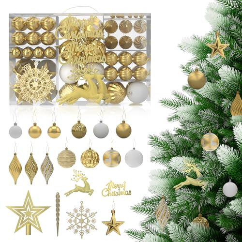 Aufun Juego de 108 bolas de Navidad de plástico con punta para árbol de Navidad, estrellas, seguras para colgar, bolas de Navidad reutilizables (champán)