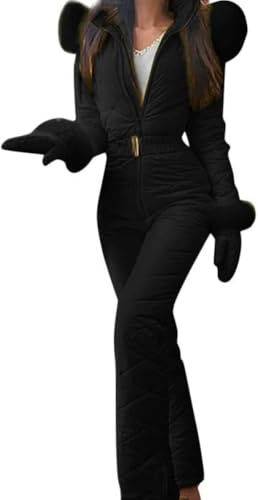 Suncadmious Women Snow Suits One Piece Winter Onesie Ski Suit Hood Fur Collar Jumpsuit Outdoor Sports Waterproof Ski Outfits Romper (Black,S)