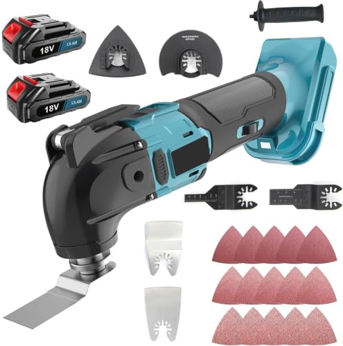 Multifunktionswerkzeug Akku für Makita 18V Akku, Bürstenlos Oszillierwerkzeug mit 2x Akku und Ladegerät, 22 Zubehör,6 Geschwindigkeit,zum Schneiden, Polieren, Sägen