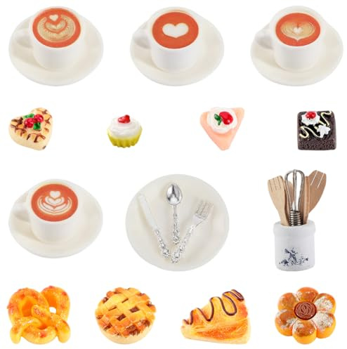 GORGECRAFT 1 Box 14Pcs Miniature Food Decoration Plastic Afternoon Tea Coffee Cake Bread Cutlery Mini House Cooking Foods Sets for Small House Pretend Kitchen Accessories