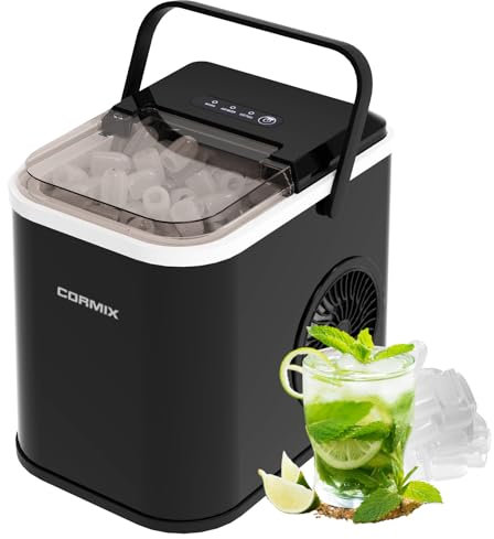 Máquinas para Hacer Hielo, 120W Portátil con Mango, Maquina de Hielo para Encimera, 8 Cubitos Listos en 6 Minutos, 12kg/24h, Autolimpieza, para Cocinas, Oficinas, Bares y Fiestas (Negro)
