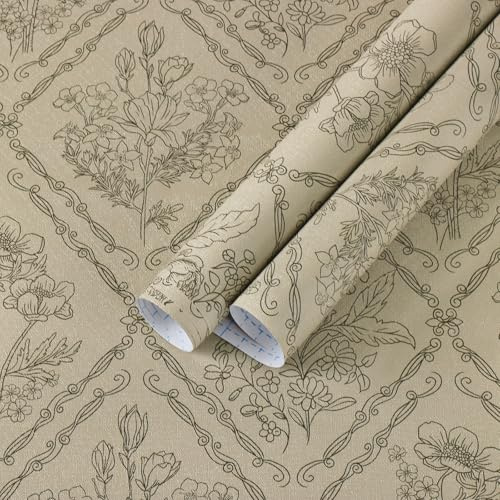 Kitico Peel and Stick Wallpaper Vintage Bohemian Wallpaper Brown Contact Paper Flower Removable Waterproof Bathroom/Bedroom Cabinets Self Adhesive Vinyl 17.3 inches x118.1 inches