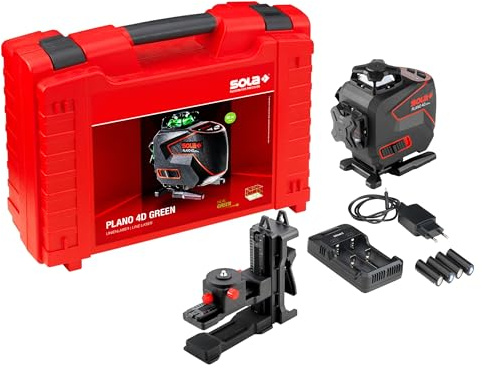 SOLA PLANO 4D GREEN Kreuzlinienlaser, 4 x 360° Linienlaser - Laser Messgerät mit Real Green Technologie, Laser-Wasserwaage, selbstnivellierend ±0,3 mm/m, kraftvoller Akku
