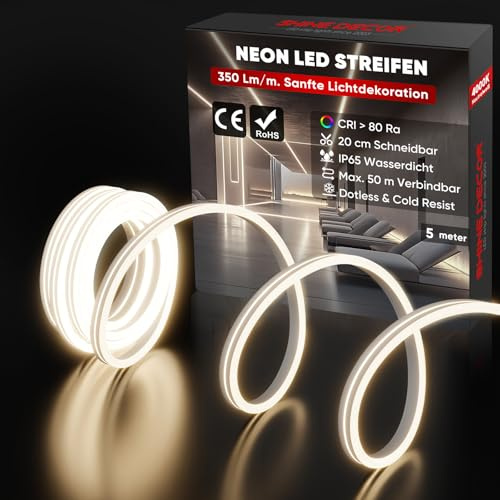 Shine Decor Neon LED Streifen 5m, AC 230V IP65 Wasserdicht LED Band, 120 leds/m Flexible LED-Neon Lichterketten für Home Decoration Küche Garten Beleuchtung (5M, Neutralweiß, CE Zertifiziert)