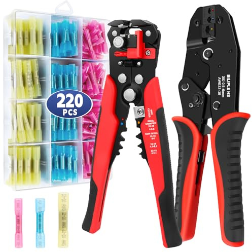 BILIPLE Outil de Sertissage pour Connecteurs Thermorétractables, avec 220 Connecteurs de Fil Thermorétractables AWG 22-10 de Qualité Marine, Pince à Dénuder Auto-réglables et Pince à Sertir à Cliquet