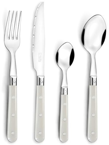 Pradel Essentiel Bistro-Club - Cubertería, 24 cubiertos de mesa, para 6 personas, acero inoxidable 18/0, acabado estándar, color crema