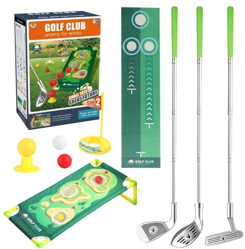 KBIBCK Kids Toy Golf Set, Toddler Golf Set with 3 Toddler Golf Clubs, 9 Balls, Cornhole Board & Putting Mat, Mini Golf Set,Indoor Outdoor Sports Toys for Boys Girls Aged 3-8 Birthday