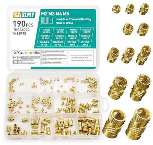 190 Pcs Threaded Inserts for Plastic, Heat Set Insertss, M2 M3 M4 M5 Thread Inserts for Plastic, Threaded Insert Nuts, Brass Metric Knurled Nuts for 3D Printing Components 3D Printer Parts