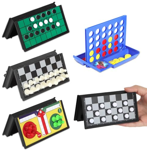 5 in 1 Mini Magnetic Board Travel Games Set with 4 Foldable Chess Boards and 5 Sets of Chess Pieces, Checkers Games with Storage Bag, Small Board Games for Road Trip, Camping, Party